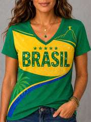 Women's Brasil Print Casual V-Neck Tee