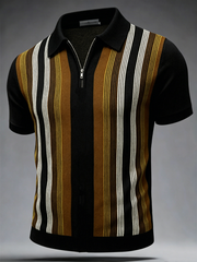 Men's Retro striped print zip up short sleeve