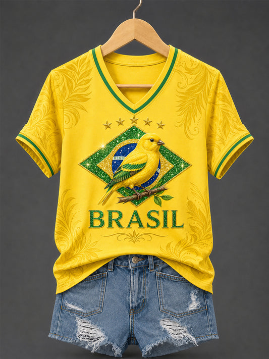 Women's Brasil Print Casual V-Neck Tee
