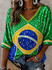 Women's Brazil Football Fan Gift Art Mid-length Sleeves V-Neck T-Shirt