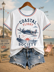 Women's Vintage Coastal Aviation Print Casual Tee