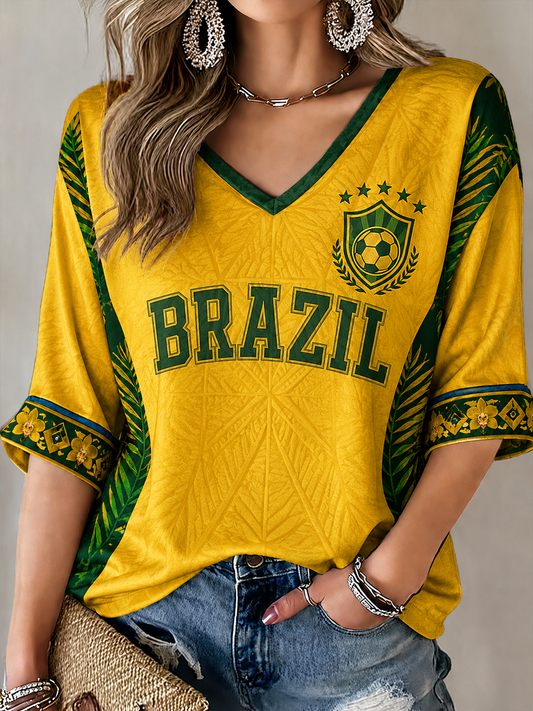 Women's RASIL Printed Mid-length Sleeves V-Neck T-Shirt