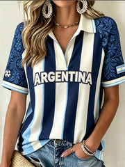 Women's striped color-blocking design floral pattern print polo T-shirt