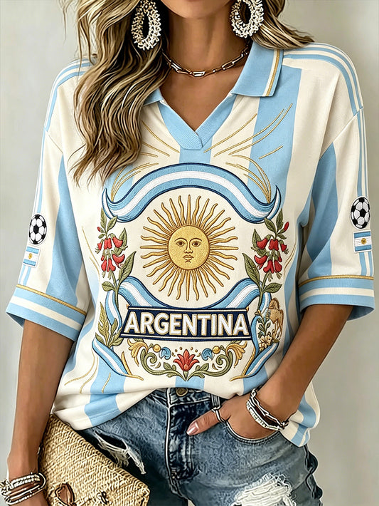 Women's Striped Color-blocking Design Floral Pattern Print Mid-length Sleeves V-Neck T-Shirt