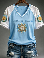 Women's Argentina Football Inspired Glitter Print V-neck Short-sleeved T-shirt
