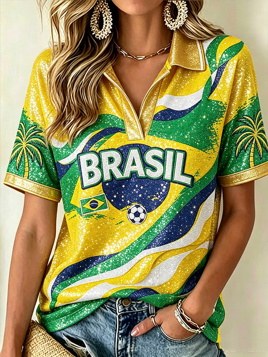 Women's Retro Brazilian Rainforest Style Football Fan Art Print Casual Polo T-shirt