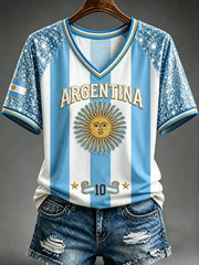Women's Argentina Football Inspired Glitter Print V-neck Short-sleeved T-shirt