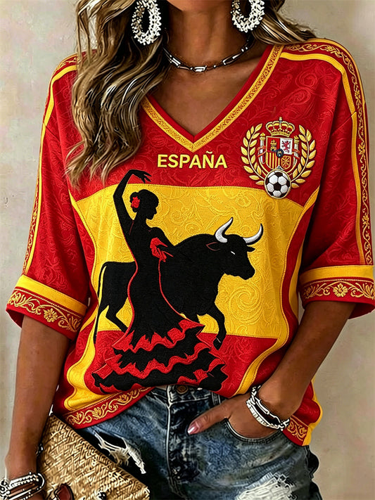 Women's Spain Football Flamenco & Bullfighting Art Flag Colorblock Print Mid-length Sleeves V-Neck T-Shirt