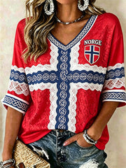 Women's Norway Football Flag Inspired Lace Art Print Mid-length Sleeves V-Neck T-Shirt