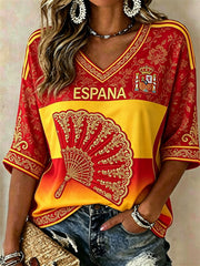 Women's Spain Football Fan Floral Art Flag Colorblock Print Mid-length Sleeves V-Neck T-Shirt