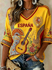 Women's Spain Football Spanish Elements Floral Flag Inspired Print Mid-length Sleeves V-Neck T-Shirt