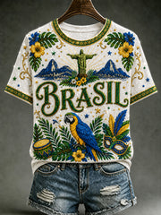 Women's Brazil Football Fan Gift Printed Casual  Short Sleeve T-shirt