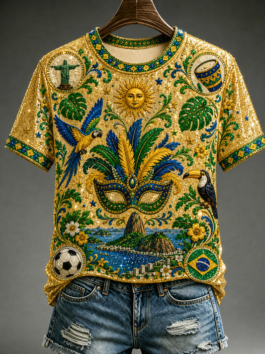 Women's Brazil Football Fan Gift Printed Casual  Short Sleeve T-shirt