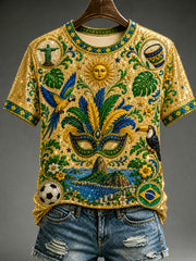 Women's Brazil Football Fan Gift Printed Casual  Short Sleeve T-shirt