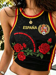 Women's Spain Football Roses & Lace Fan Flag Striped Print Crop Tank Top