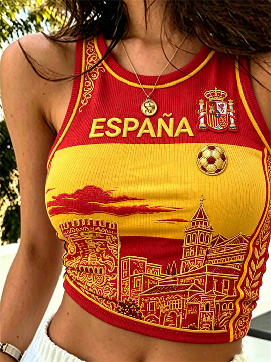Women's Spain Football La Alhambra Sunrise Flag Colorblock Print Crop Tank Top