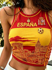 Women's Spain Football La Alhambra Sunrise Flag Colorblock Print Crop Tank Top