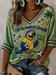 Women's Off To Watch Brazil Mid-length Sleeves V-Neck T-Shirt