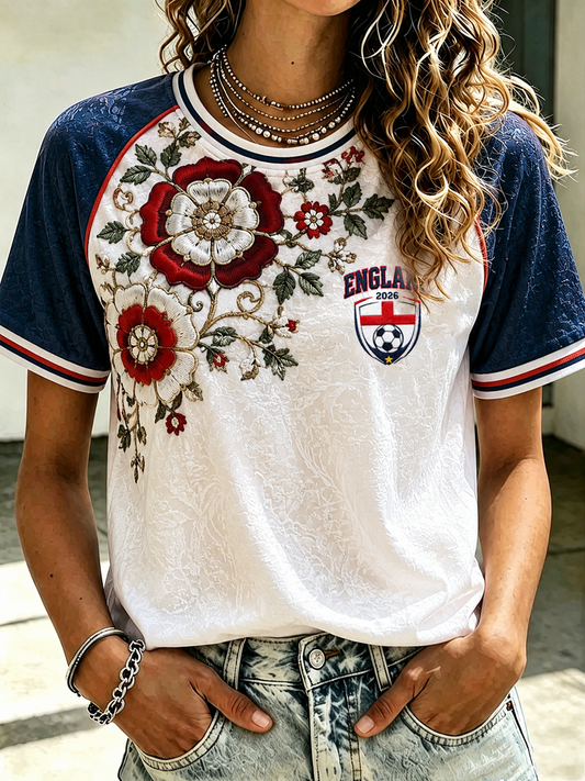 Women's Tudor rose print round neck short sleeve T-shirt