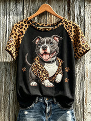 Women's retro leopard print dog pattern printed casual short-sleeve T-shirt
