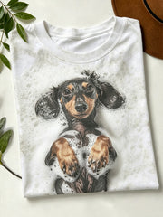 Women's cute dog pattern printed short-sleeved T-shirt