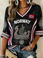 Women's Norway Viking Ship Celtic Knot Flag Print Mid-length Sleeves V-Neck T-Shirt