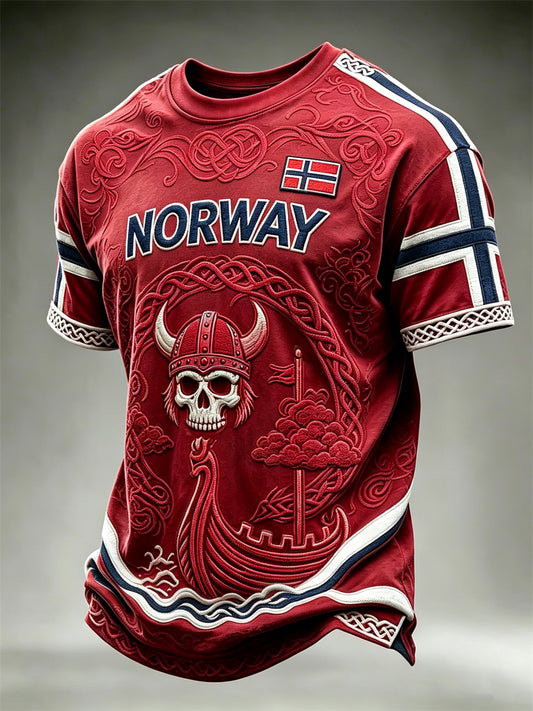 Men's Norway Viking Warrior Skull & Ship Celtic Knot Flag Print short sleeves t-shirt