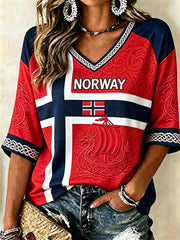 Women's Norway Viking Ship Celtic Knot Flag Print Mid-length Sleeves V-Neck T-Shirt
