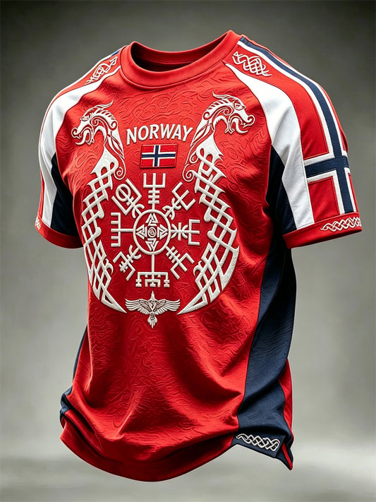 Men's Norway Victory or Valhalla Viking Vegvisir Celtic Knot Flag Colorblock Print short sleeves t-shirt