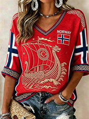 Women's Norway Viking Ship Celtic Knot Flag Print Mid-length Sleeves V-Neck T-Shirt