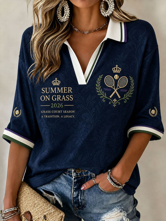 Women's Summer On Grass Mid-length Sleeves V-Neck T-Shirt