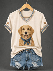 Women's Retro Patchwork Dog Print V-Neck Tee