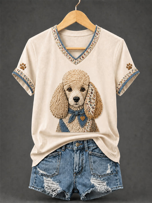 Women's Retro Patchwork Dog Print V-Neck Tee