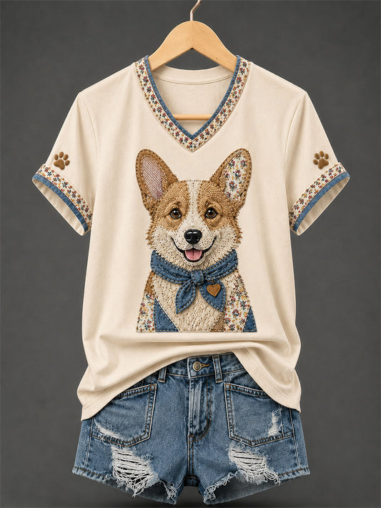 Women's Retro Patchwork Dog Print V-Neck Tee