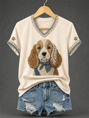 Women's Retro Patchwork Dog Print V-Neck Tee