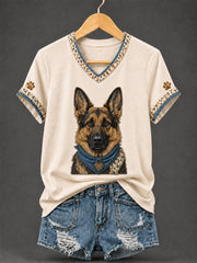 Women's Retro Patchwork Dog Print V-Neck Tee