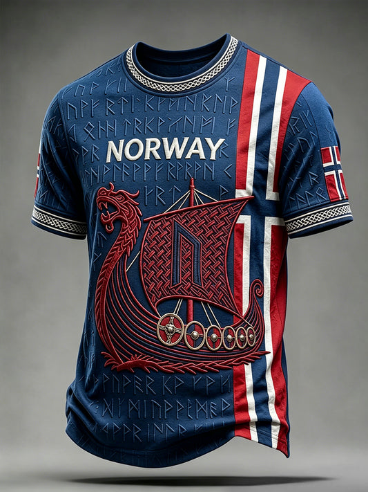Men's Viking Longship & Runes Art Norway Flag Print Short Sleeves T-shirt