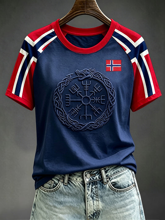Women's Viking Vegvisir Norway Flag Print Round Neck Short Sleeve T-shirt