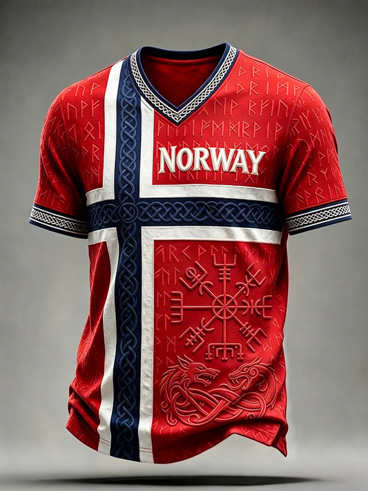 Men's Viking Vegvisir Runes Celtic Norway Flag Print V-neck T-shirt