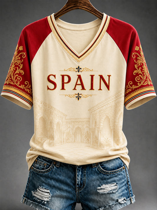 Women's España Print Casual V-Neck Tee