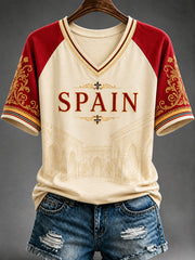 Women's España Print Casual V-Neck Tee