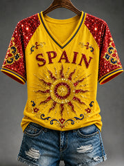 Women's España Print Casual V-Neck Tee