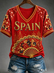 Women's España Print Casual V-Neck Tee