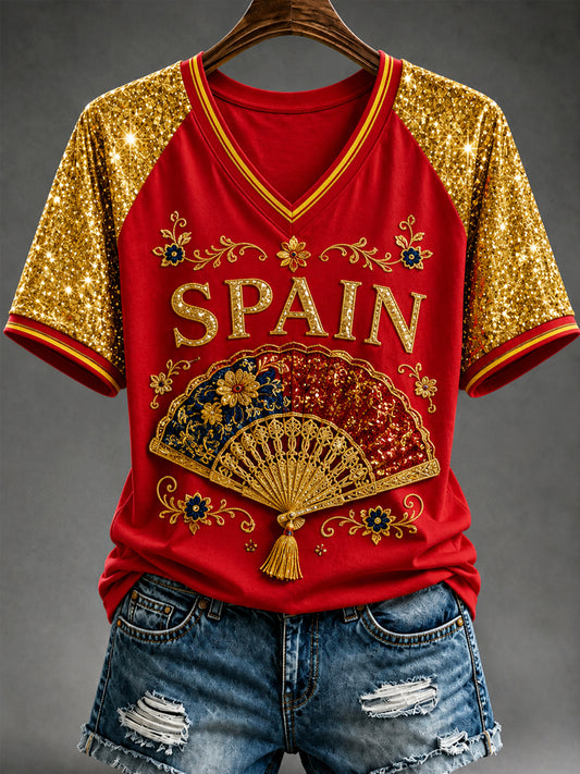 Women's España Print Casual V-Neck Tee