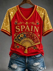 Women's España Print Casual V-Neck Tee