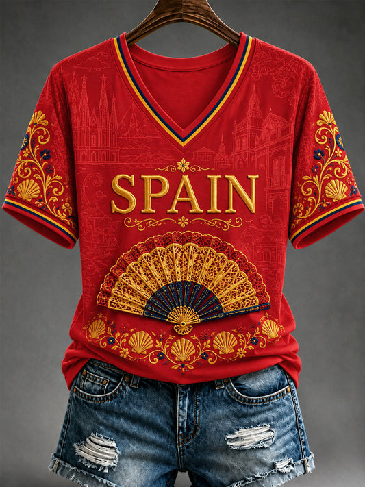 Women's España Print Casual V-Neck Tee