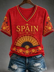 Women's España Print Casual V-Neck Tee