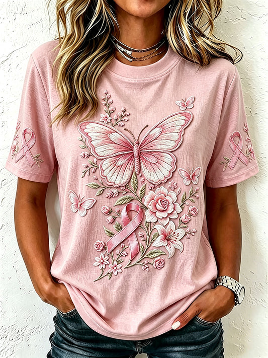 Women's Pink Ribbon Floral Butterfly Print Short-sleeved T-shirt