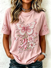 Women's Pink Ribbon Floral Butterfly Print Short-sleeved T-shirt