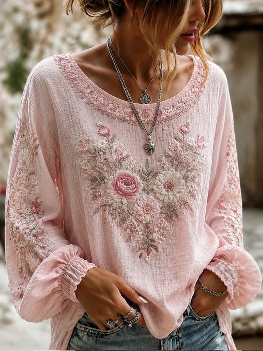 Women's Breast Cancer Pink Flowers Print Cotton-Linen Shirt